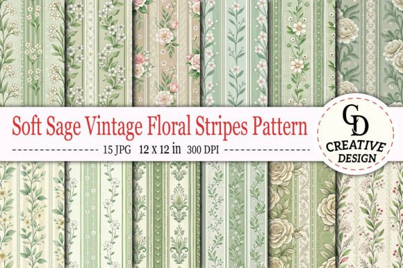 Download Soft Sage Vintage Floral Stripes Pattern - Vintage Collection