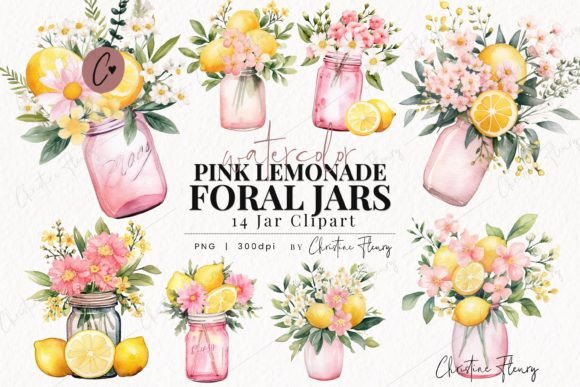 Download Pink Lemonade Floral Jars Clipart - Lemonade Collection
