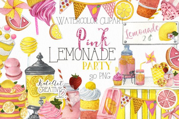 Download Watercolor Pink Lemonade Party Clipart. - Lemonade Collection