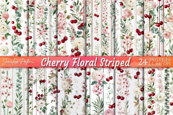 Download Watercolor Cherry Floral Orchard Stripe - Premium Resources
